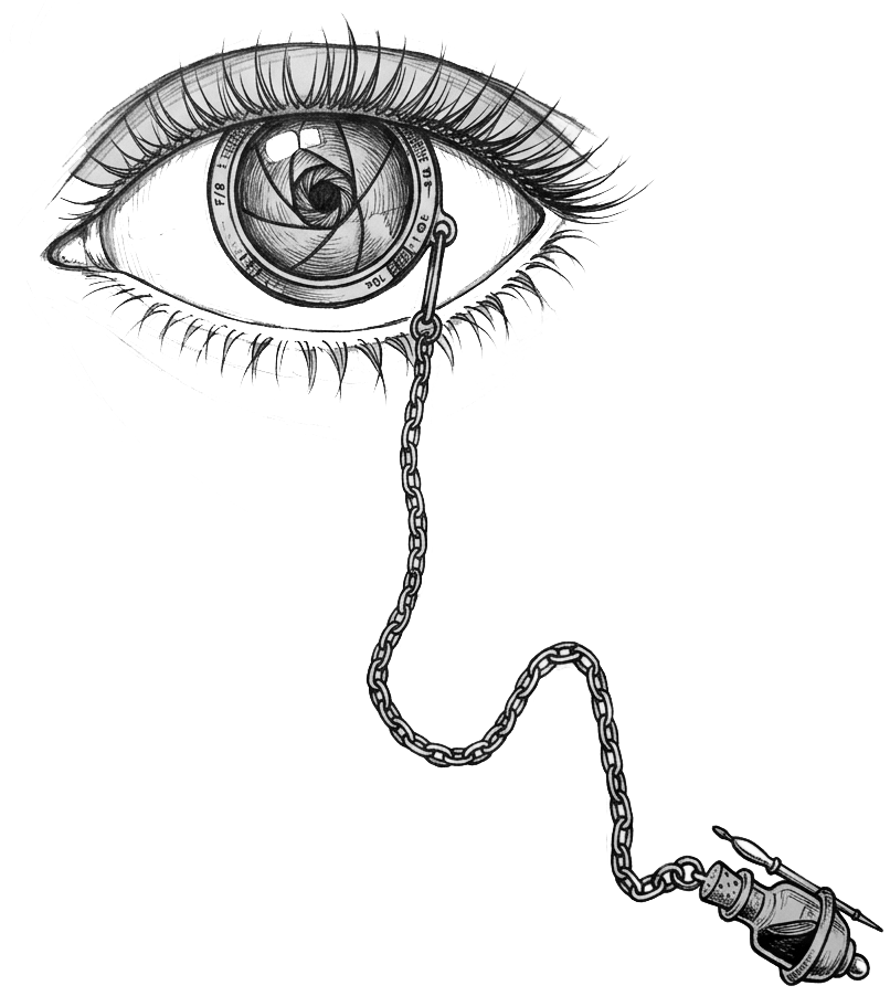 An eye rendered as a camera lens, tethered by chain to an inkwell — the SnobFop emblem.